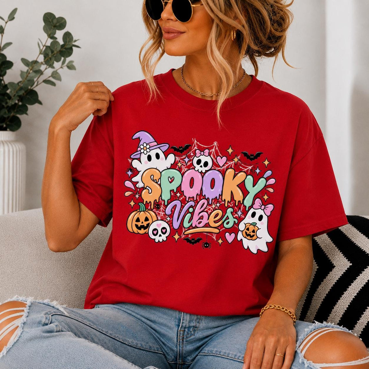 Spooky Vibes Ghost Graphic Tee, Retro Halloween Shirt, Pastel Spiders, Bats, Pumpkins