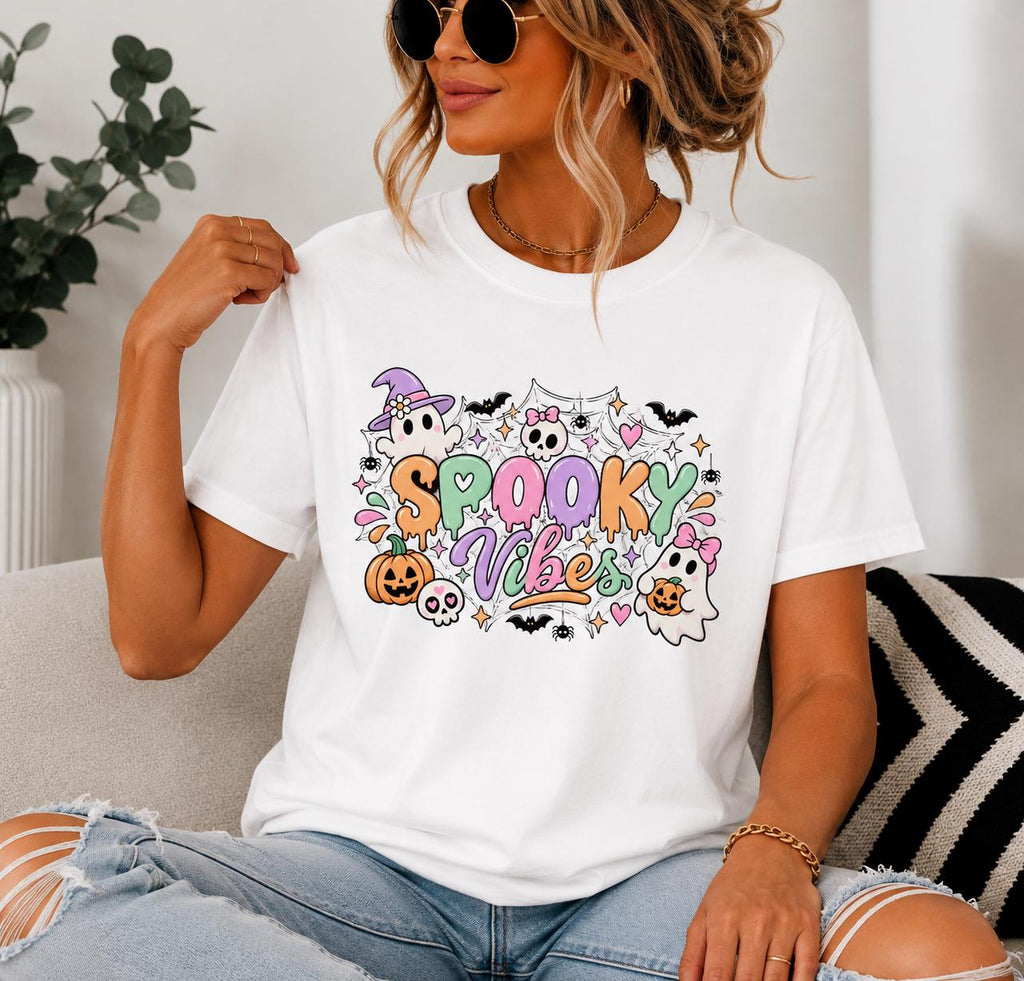 Spooky Vibes Ghost Graphic Tee, Retro Halloween Shirt, Pastel Spiders, Bats, Pumpkins