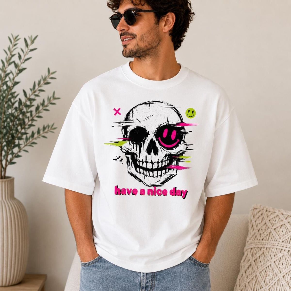 Edgy Skull Graphic Tee, Distressed Skeleton, Neon Accents, Have a Nice Day (Family Outfit)