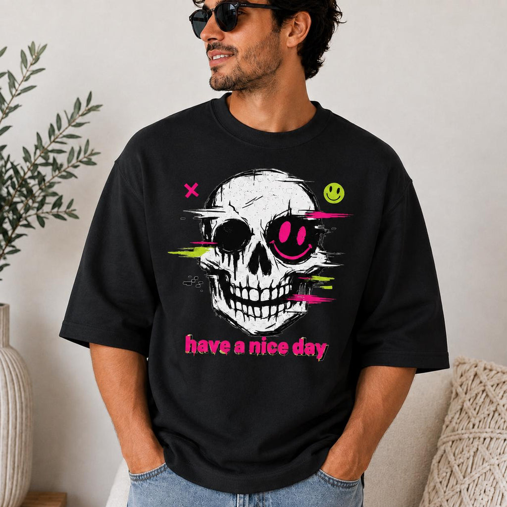 Edgy Skull Graphic Tee, Distressed Skeleton, Neon Accents, Have a Nice Day (Family Outfit)