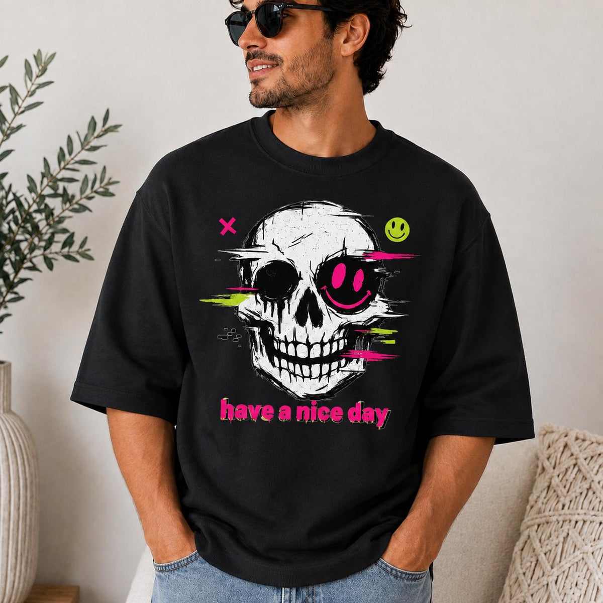 Edgy Skull Graphic Tee, Distressed Skeleton, Neon Accents, Have a Nice Day (Family Outfit)