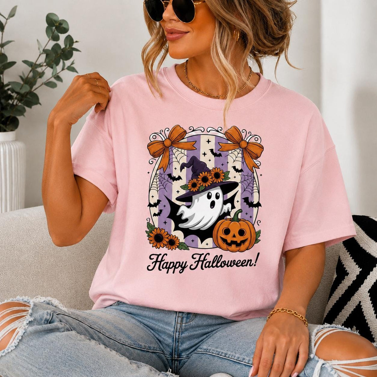 Happy Halloween Ghost Witch Hat T-Shirt, Spooky Season Crewneck