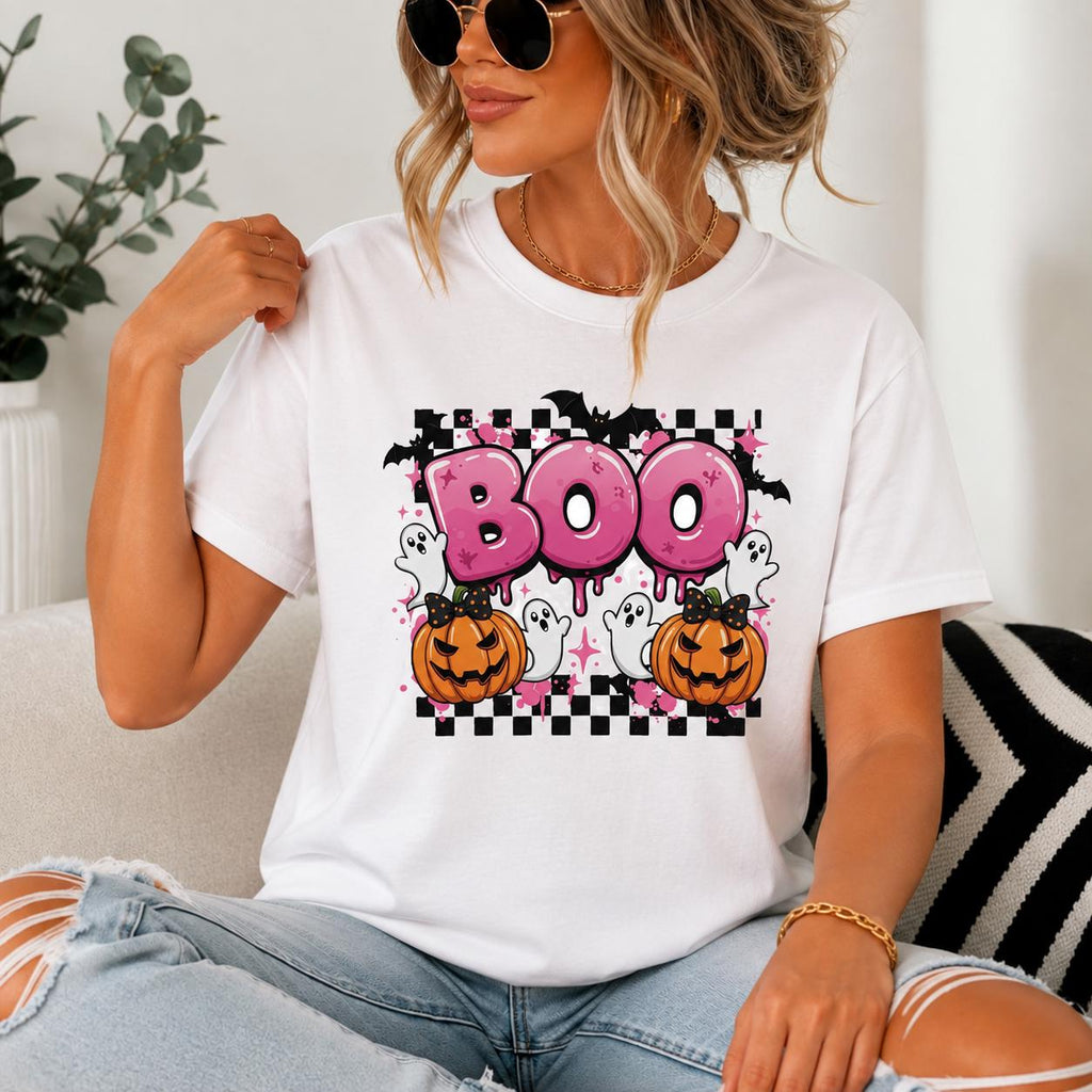 Pink BOO Halloween Sweatshirt, Pastel Ghost Pumpkin Spooky Season Crewneck