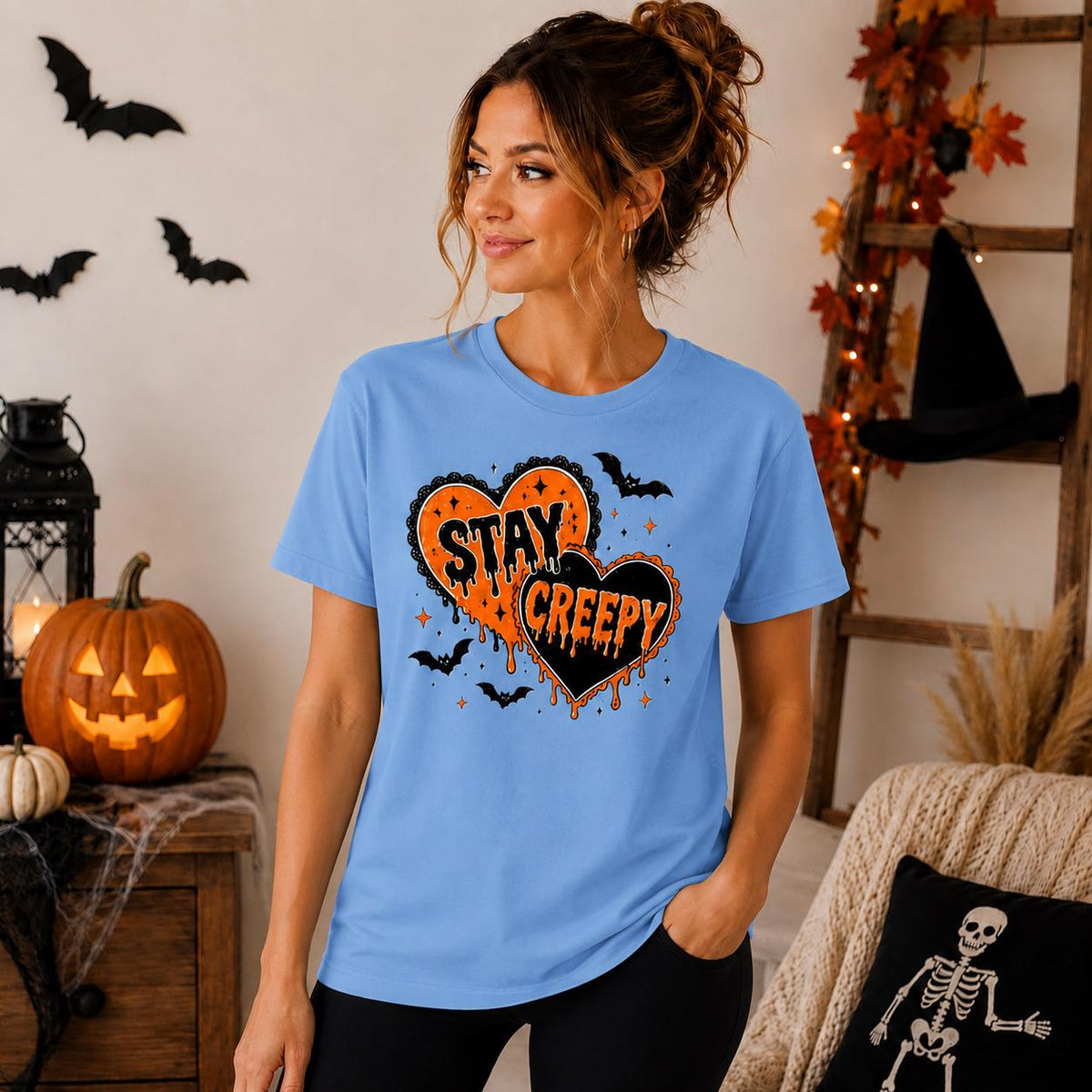 Stay Creepy Halloween T-Shirt, Dripping Heart, Bats, Spooky Season (Unisex)