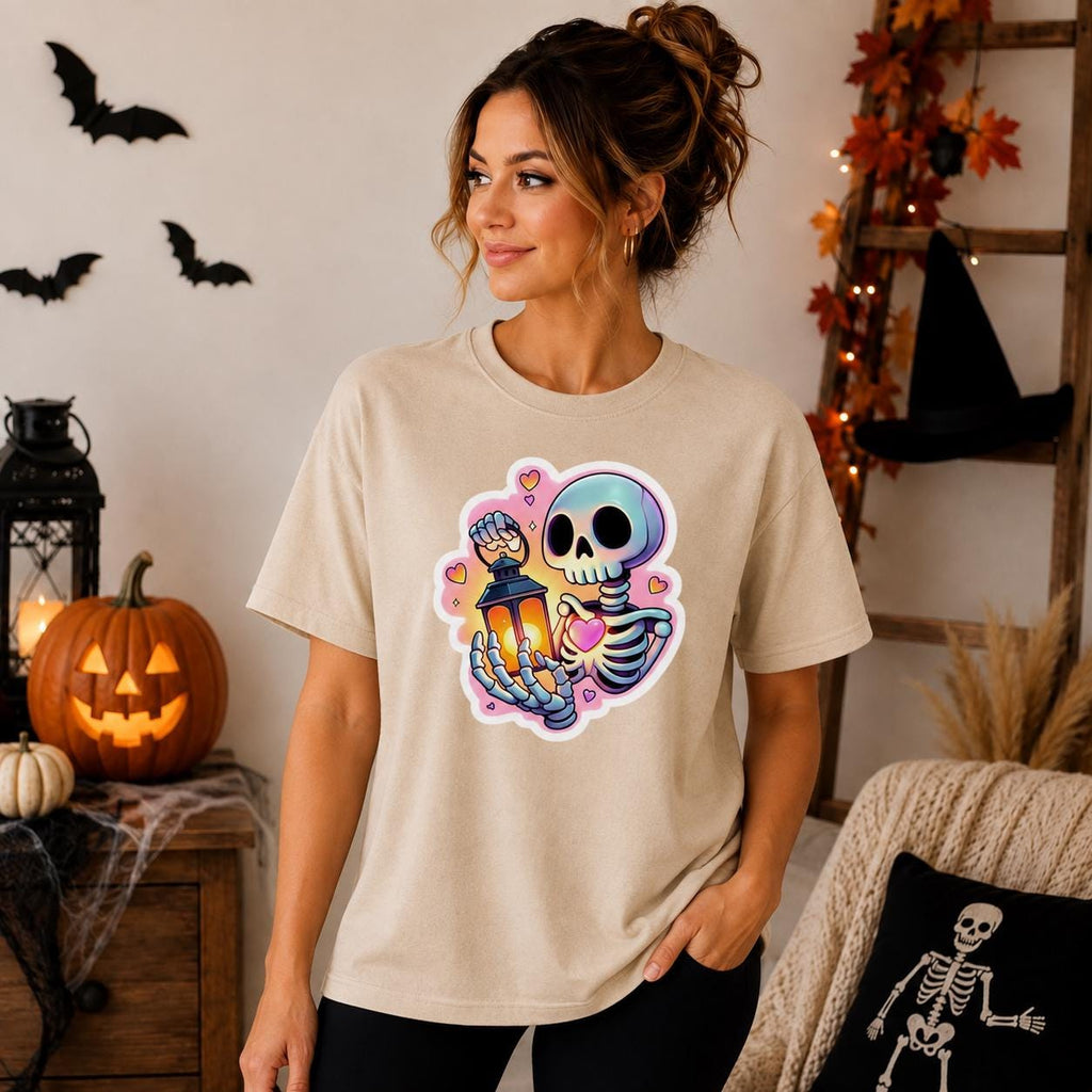 Pastel Skeleton Lantern Graphic Tee, Spooky Halloween Shirt
