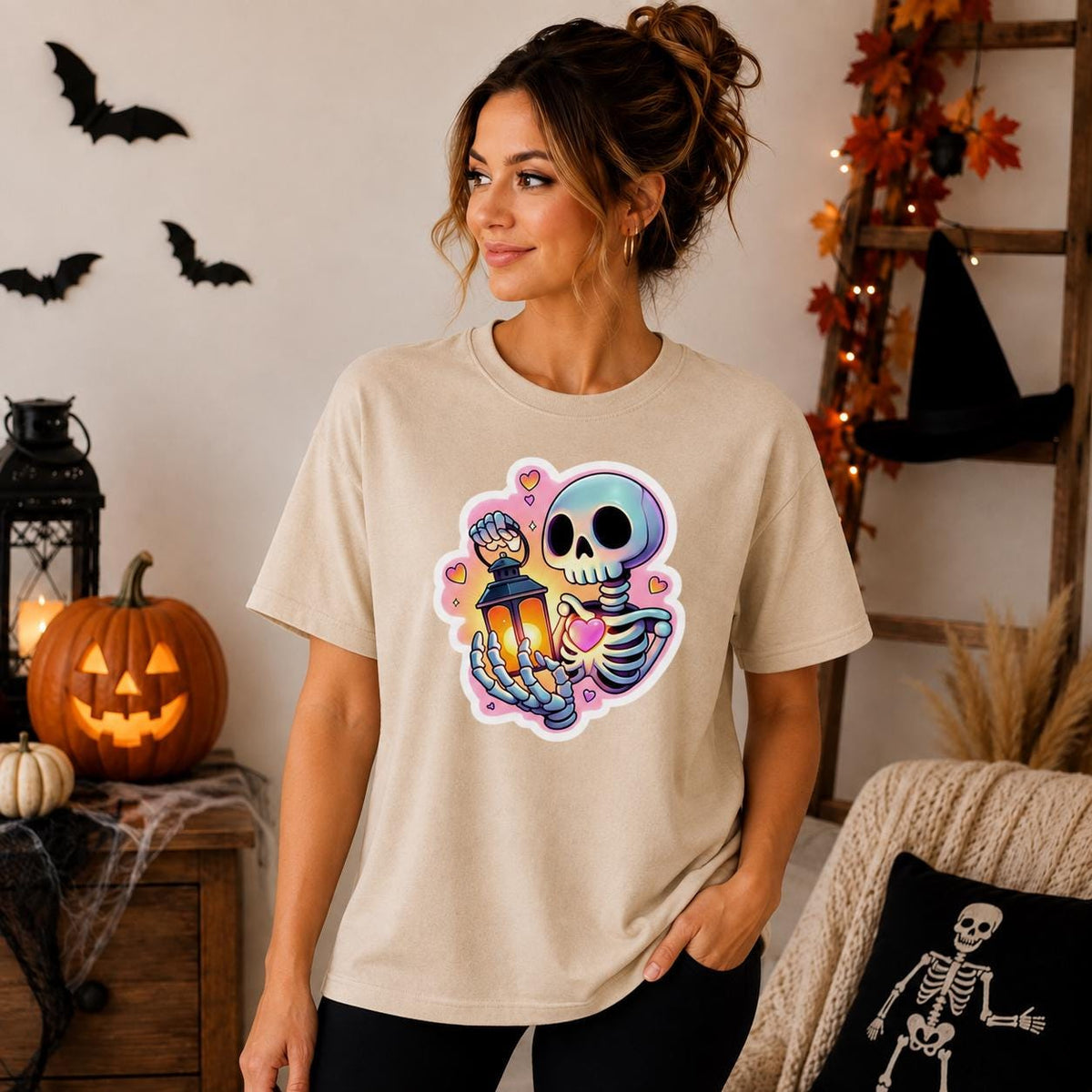 Pastel Skeleton Lantern Graphic Tee, Spooky Halloween Shirt