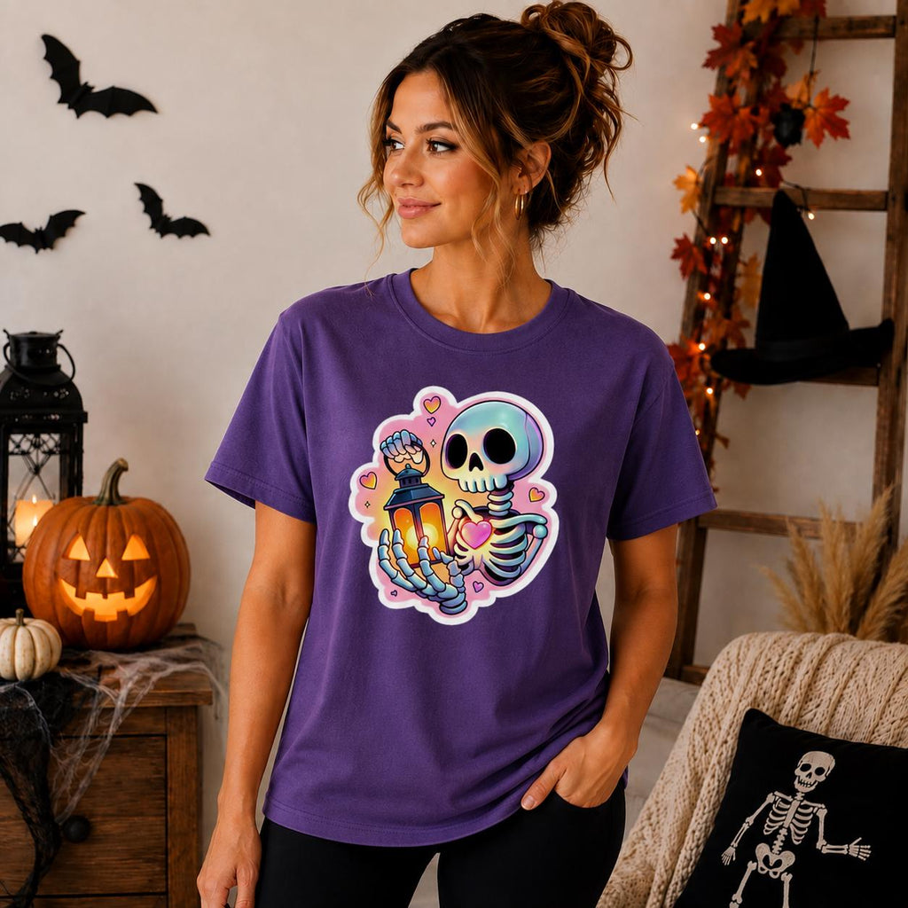 Pastel Skeleton Lantern Graphic Tee, Spooky Halloween Shirt