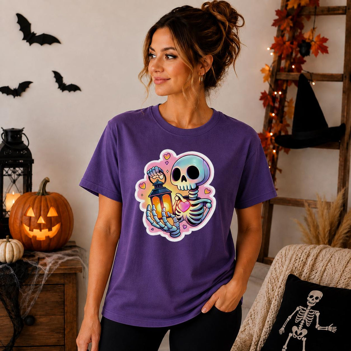 Pastel Skeleton Lantern Graphic Tee, Spooky Halloween Shirt