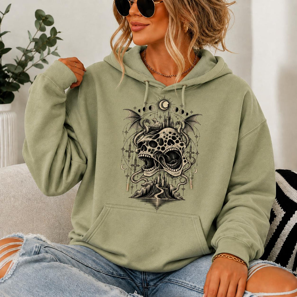 Gothic Winged Skull Hoodie, Celestial Horror Sweatshirt, Dark Fantasy Grunge Pullover