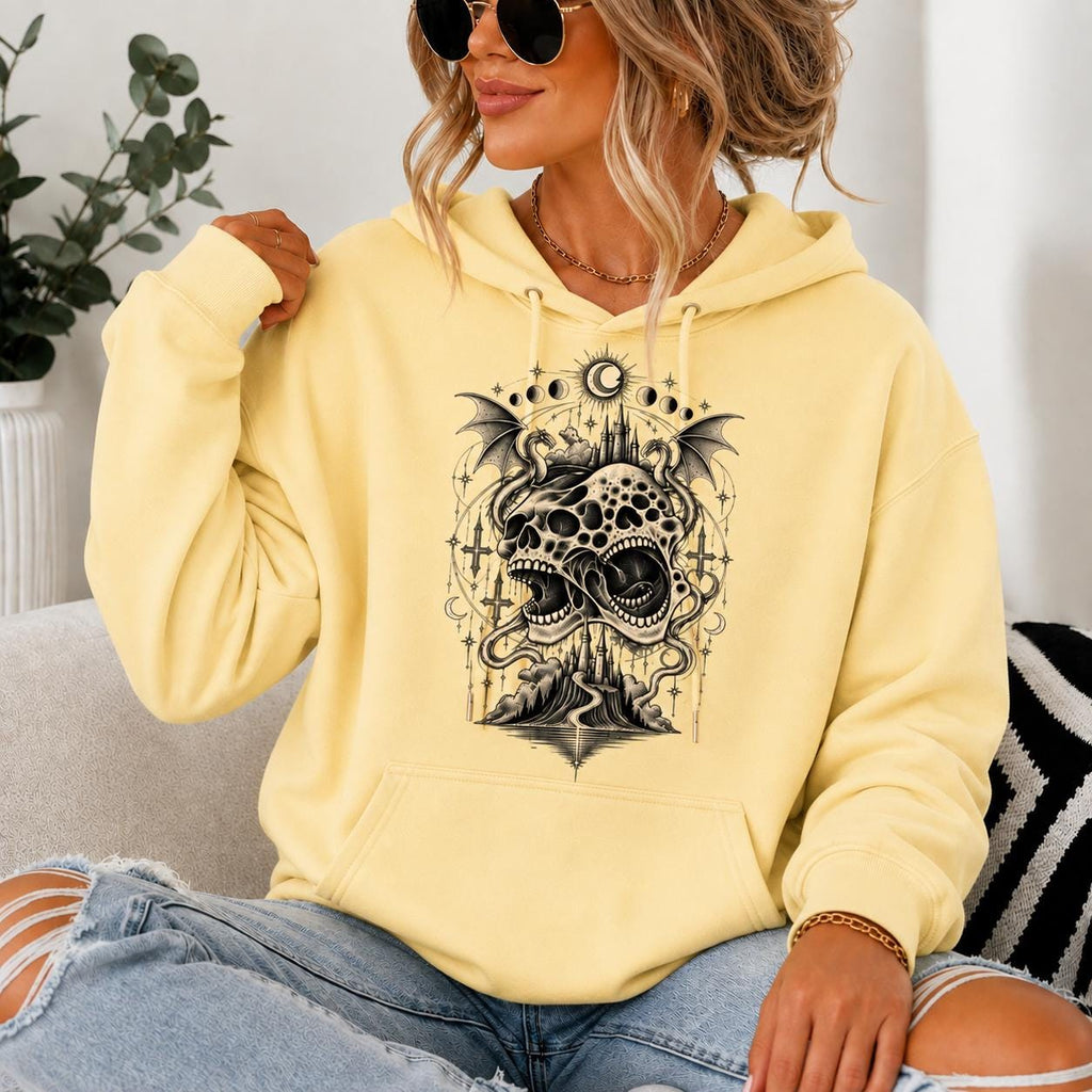 Gothic Winged Skull Hoodie, Celestial Horror Sweatshirt, Dark Fantasy Grunge Pullover