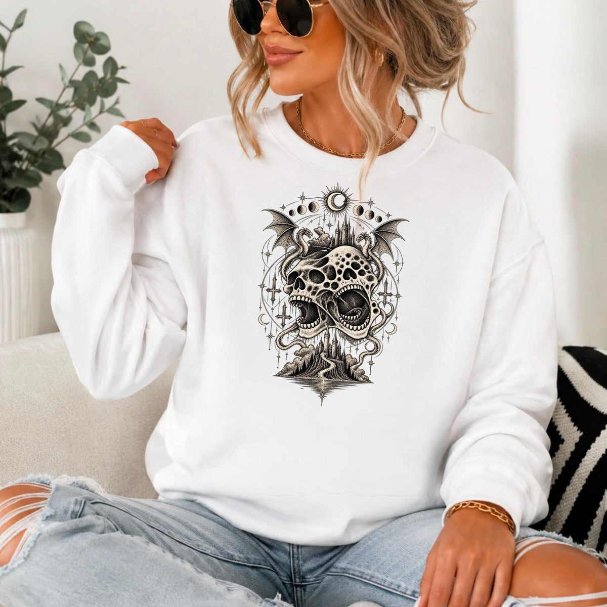 Gothic Winged Skull Hoodie, Celestial Horror Sweatshirt, Dark Fantasy Grunge Pullover