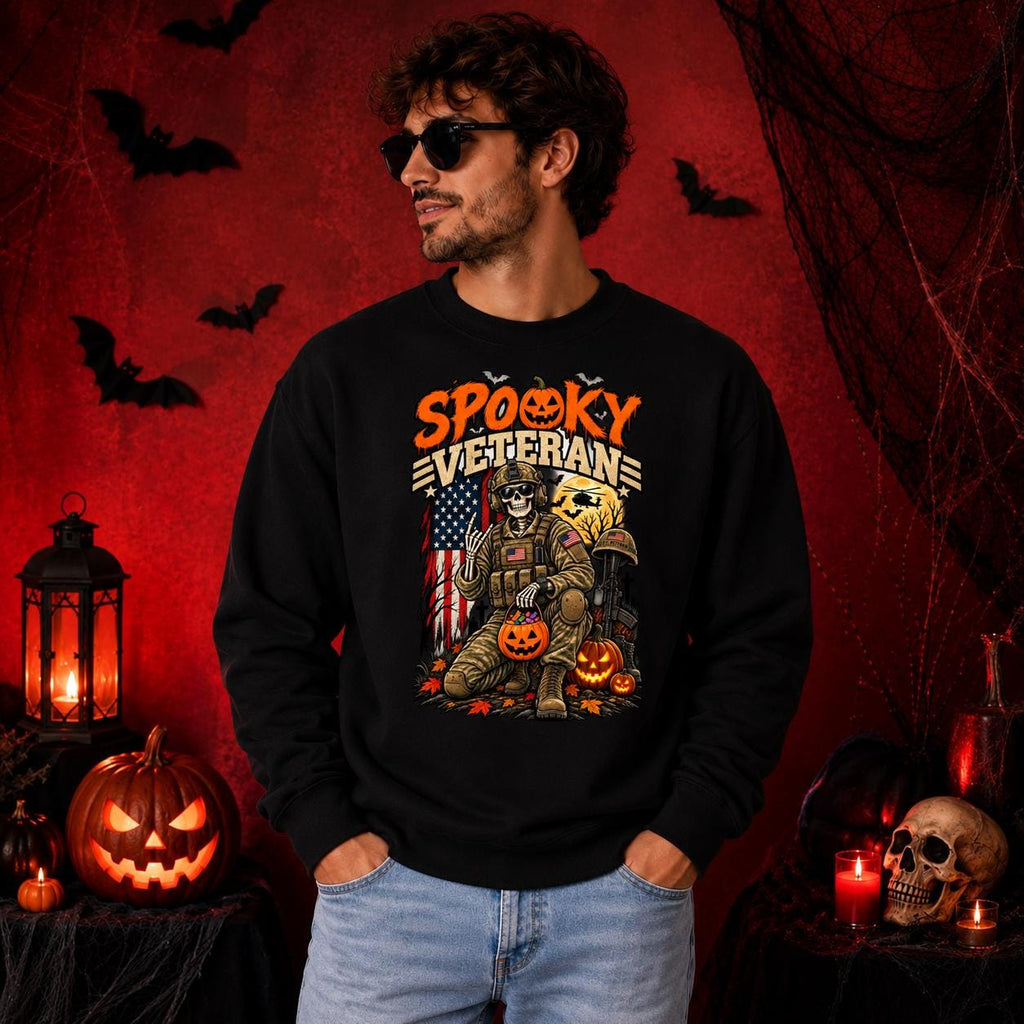 Spooky Veteran Halloween Skeleton Crewneck, Patriotic Pumpkin Graphic Pullover