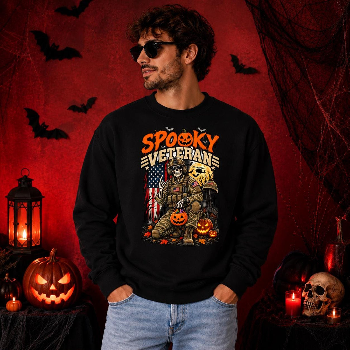Spooky Veteran Halloween Skeleton Crewneck, Patriotic Pumpkin Graphic Pullover