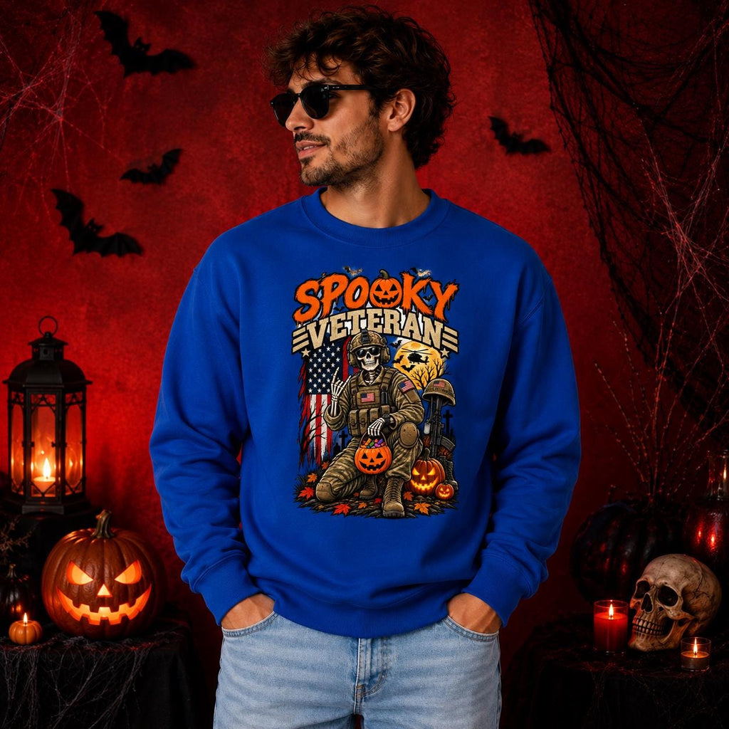 Spooky Veteran Halloween Skeleton Crewneck, Patriotic Pumpkin Graphic Pullover
