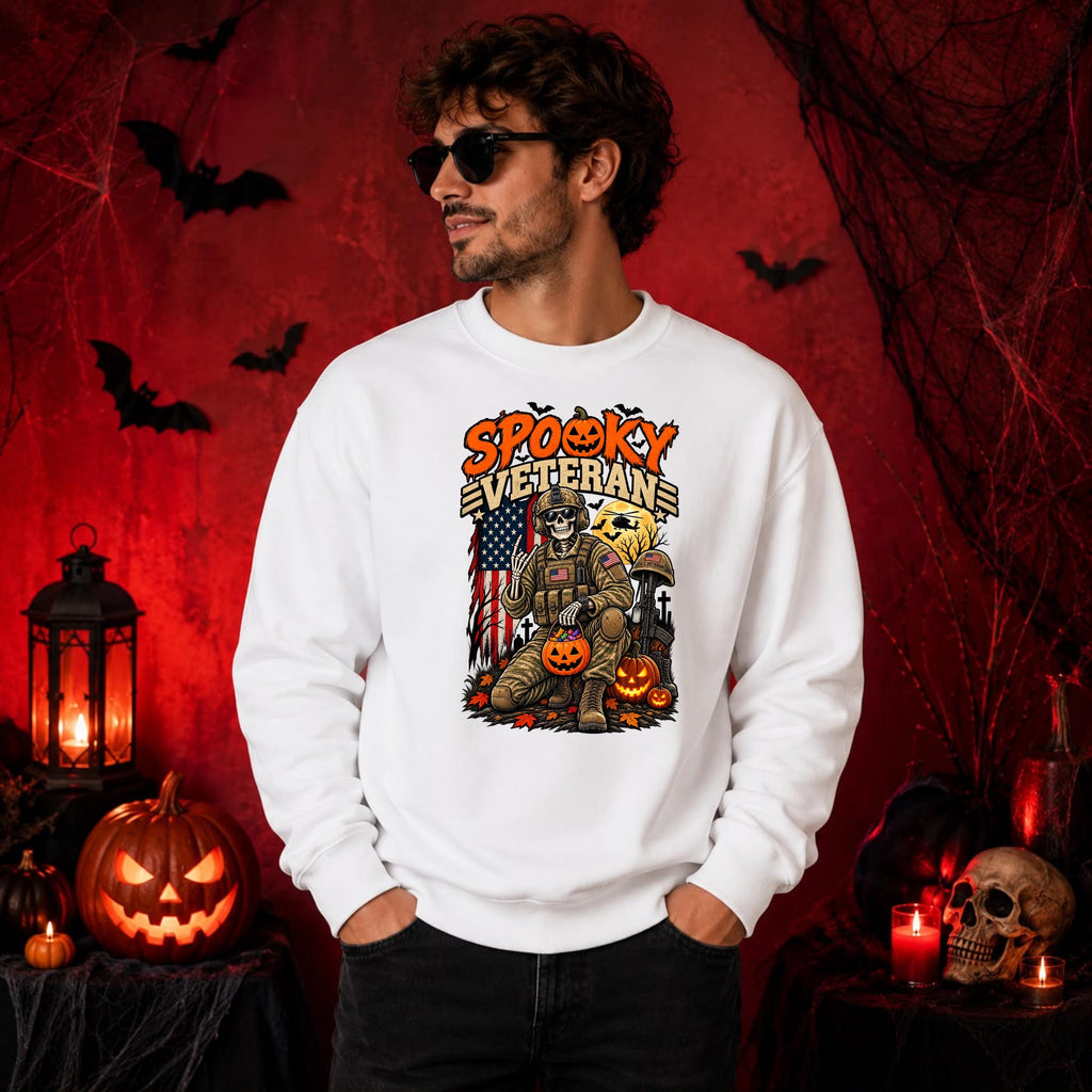 Spooky Veteran Halloween Skeleton Crewneck, Patriotic Pumpkin Graphic Pullover