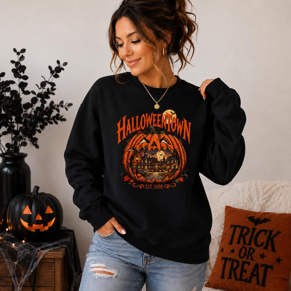 Vintage Halloween Town Sweatshirt, Pumpkin Haunted Village Crewneck