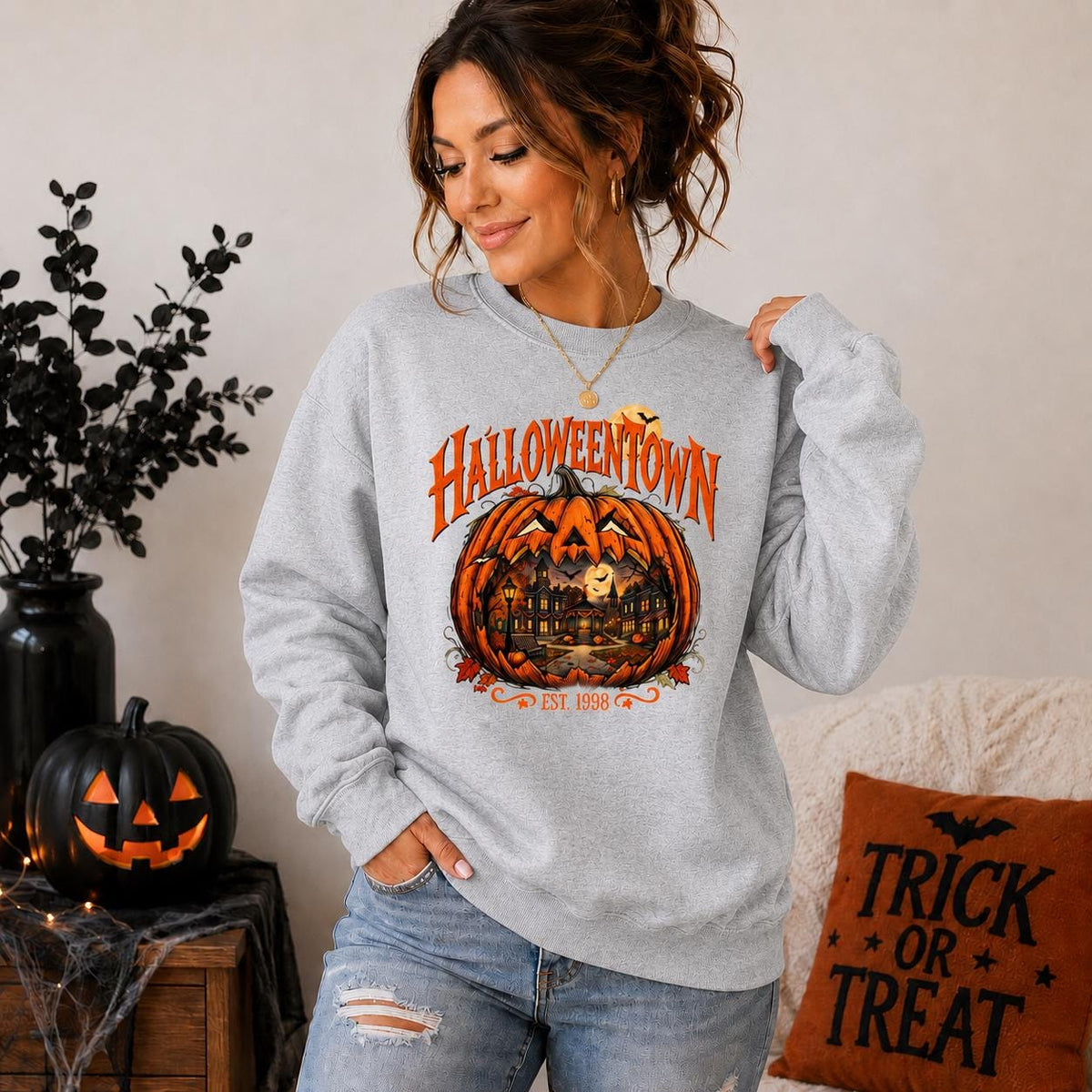 Vintage Halloween Town Sweatshirt, Pumpkin Haunted Village Crewneck