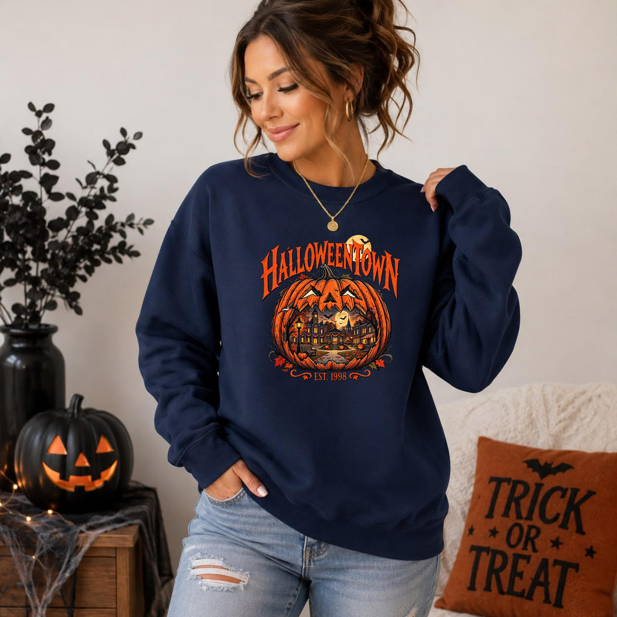Vintage Halloween Town Sweatshirt, Pumpkin Haunted Village Crewneck