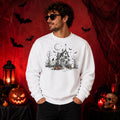 Haunted House Halloween Sweatshirt, Gothic Cottage, Bats, Pumpkins, Moon (50% Cotton Blend)