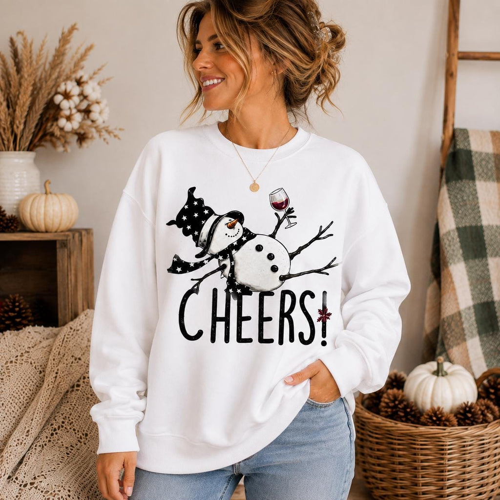 Funny Snowman Cheers Sweatshirt, Wine Lover Holiday Crewneck, Winter Gift