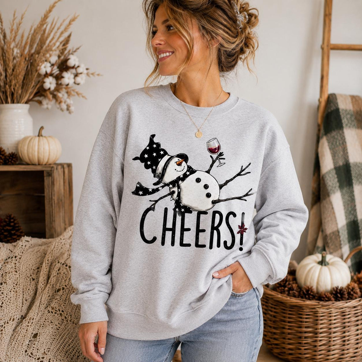 Funny Snowman Cheers Sweatshirt, Wine Lover Holiday Crewneck, Winter Gift