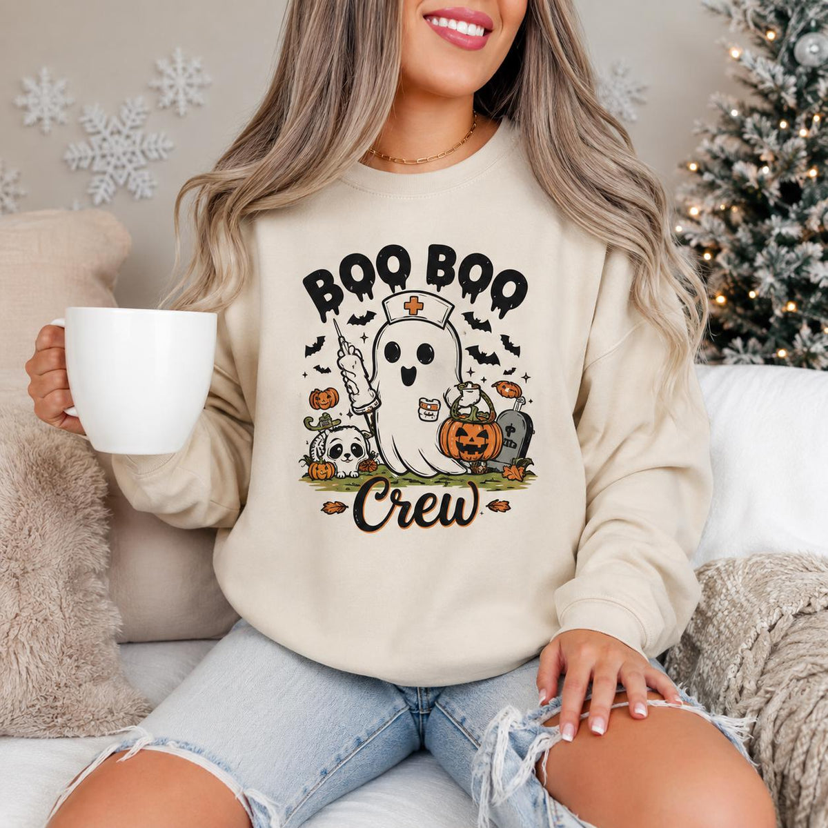 Boo Boo Crew Halloween Sweatshirt, Nurse Ghost Design, Spooky Season Apparel