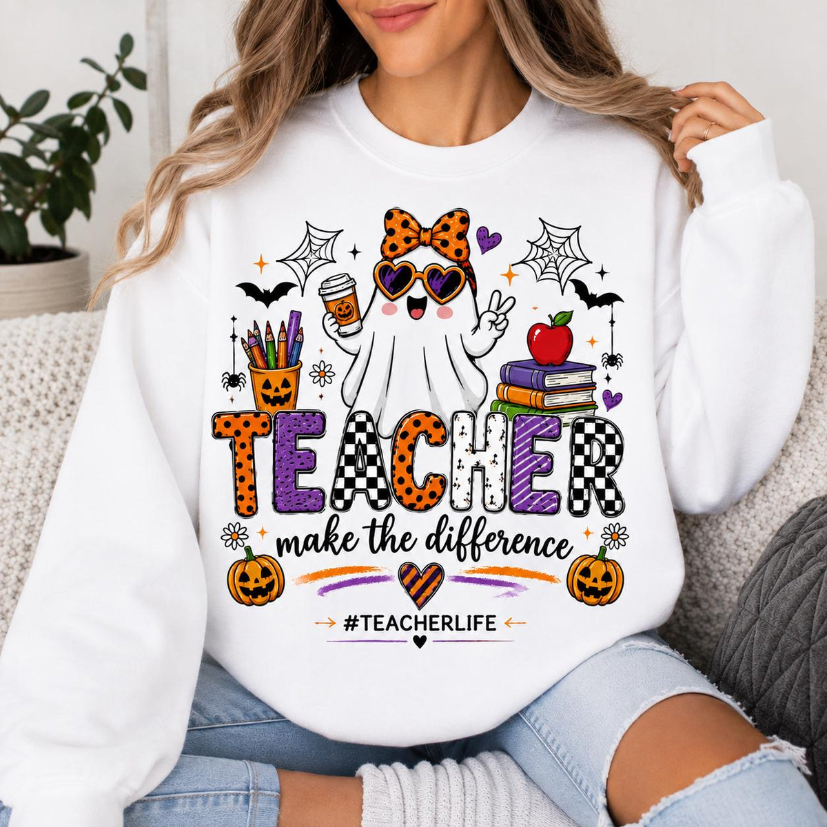 Spooky Teacher Sweatshirt, Ghost Coffee, Books, Pumpkins, Make the Difference