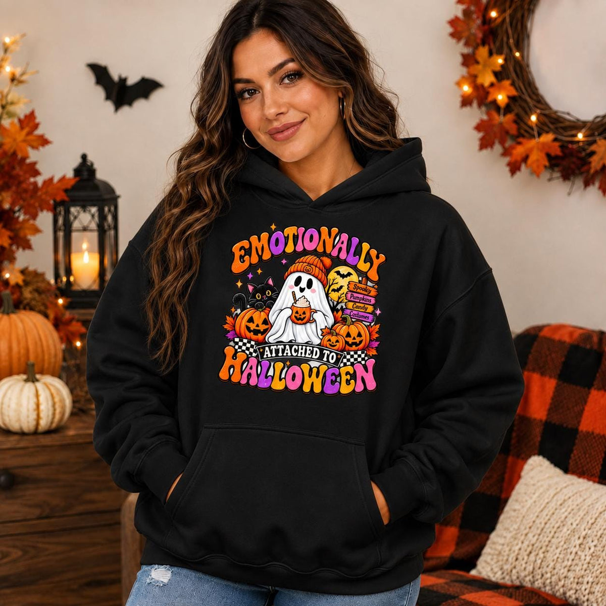 Emotionally Attached To Halloween Hoodie, Ghost Pumpkin Cat Top (Sweatshirt/Hoodie)