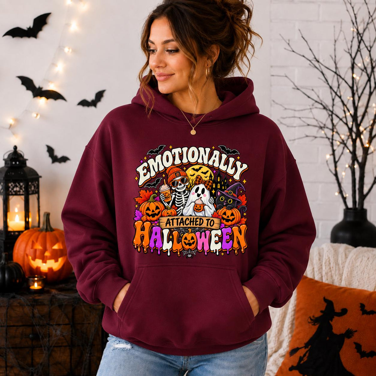 Emotionally Attached To Halloween Sweatshirt, Spooky Season Ghost Skeleton Shirt, Black Cat Pumpkin Graphic