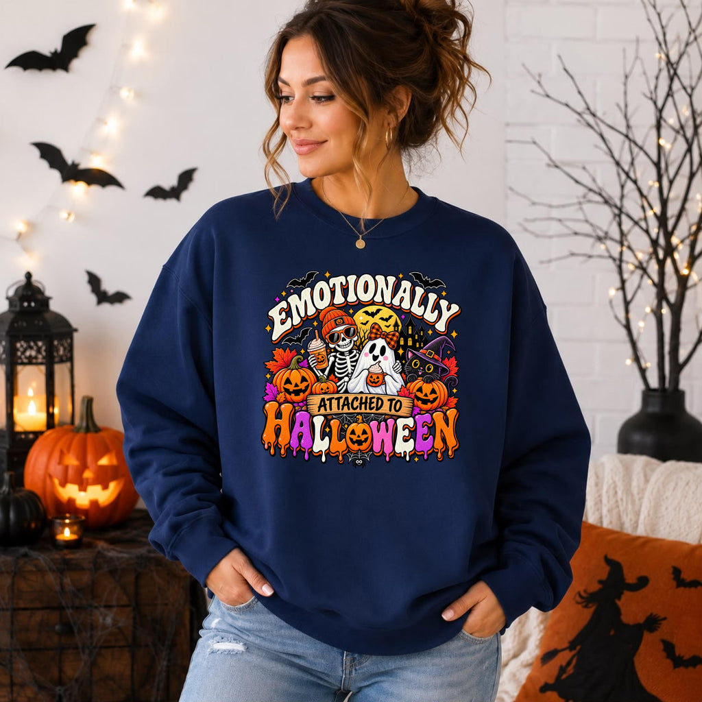 Emotionally Attached To Halloween Sweatshirt, Spooky Season Ghost Skeleton Shirt, Black Cat Pumpkin Graphic