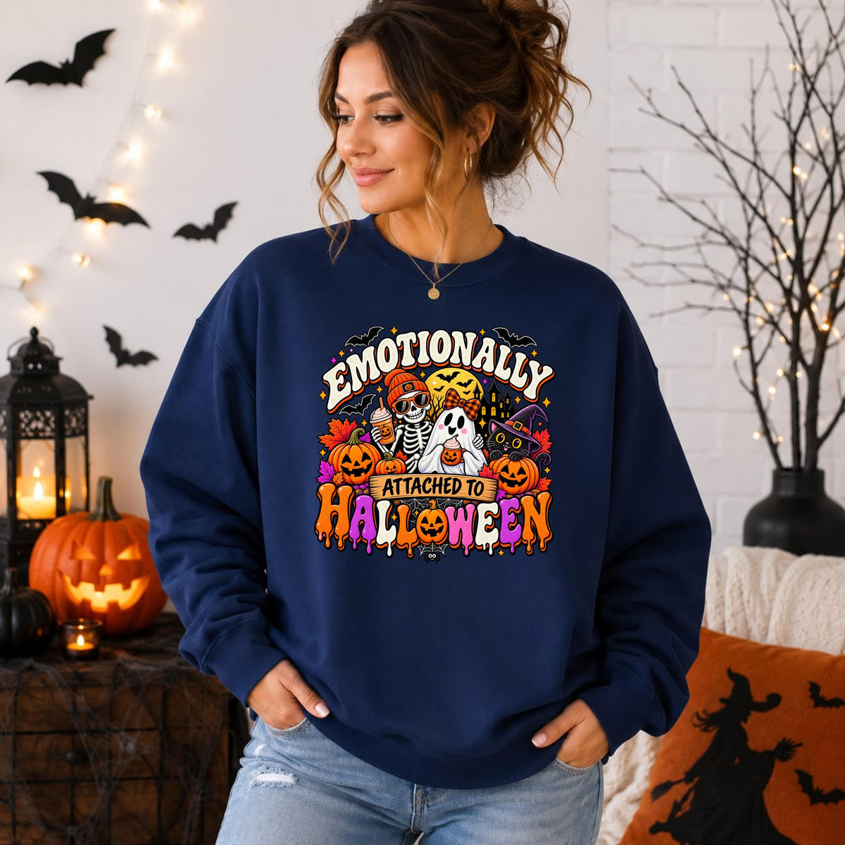 Emotionally Attached To Halloween Sweatshirt, Spooky Season Ghost Skeleton Shirt, Black Cat Pumpkin Graphic