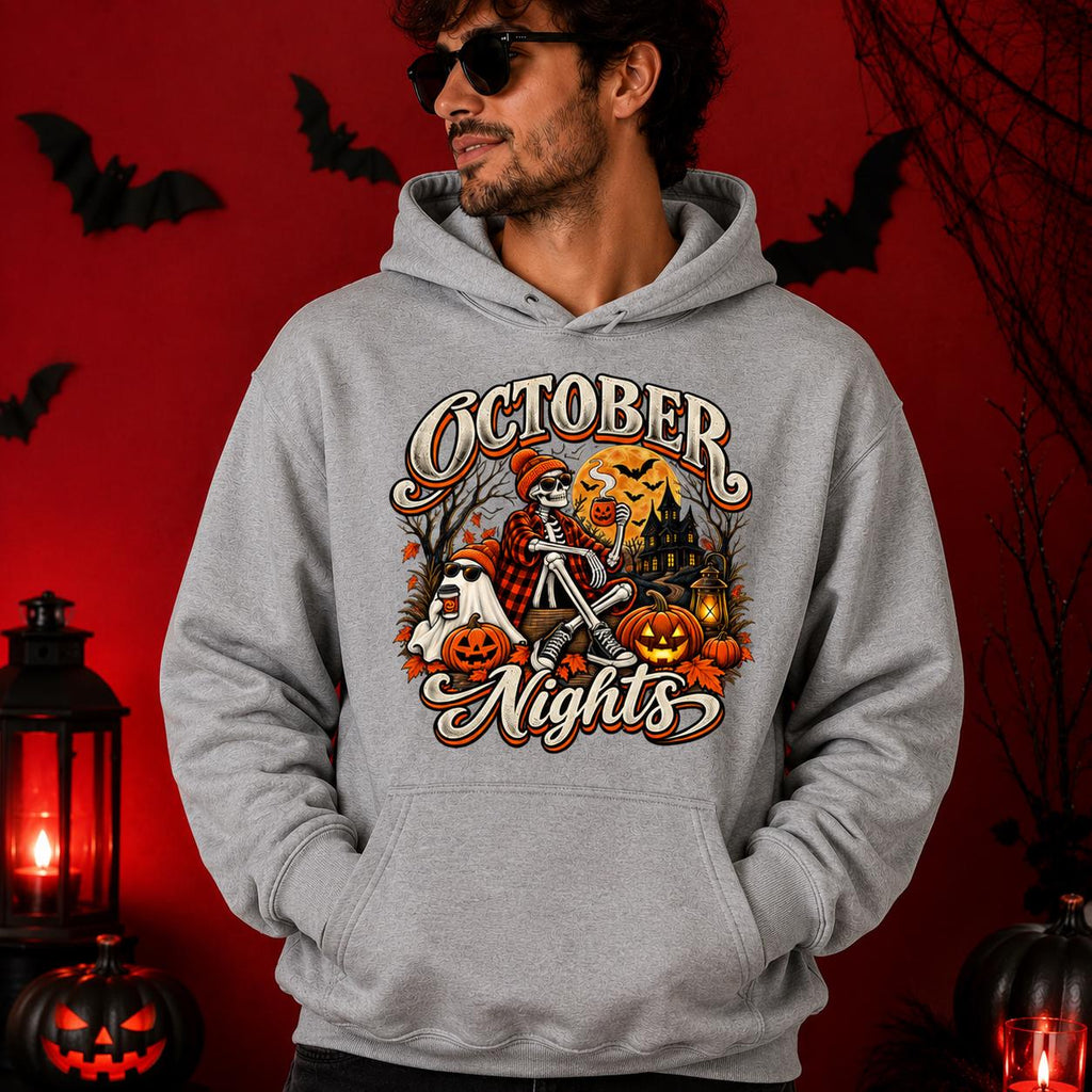 October Nights Halloween Hoodie, Vintage Skeleton Pumpkin Ghost Crewneck (Sweatshirt/Hoodie)