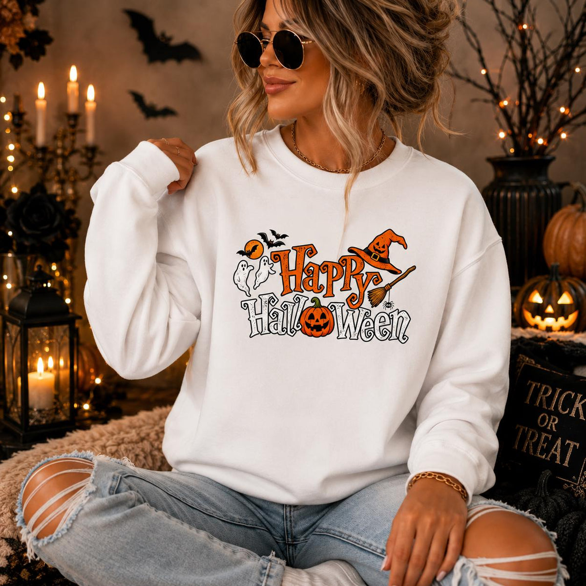 Happy Halloween Sweatshirt, Ghost Pumpkin Witch Hat Crewneck (Sweatshirt or Hoodie)