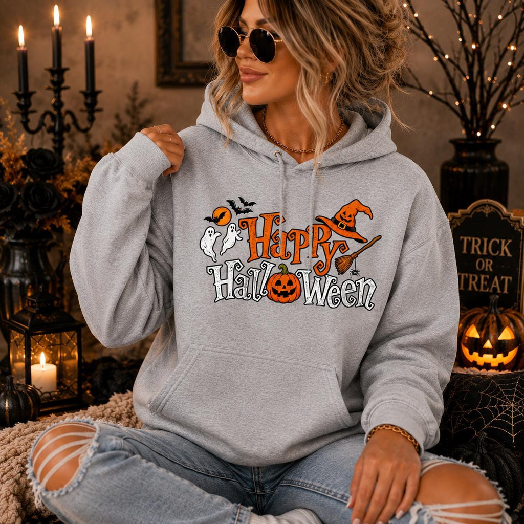 Happy Halloween Sweatshirt, Ghost Pumpkin Witch Hat Crewneck (Sweatshirt or Hoodie)