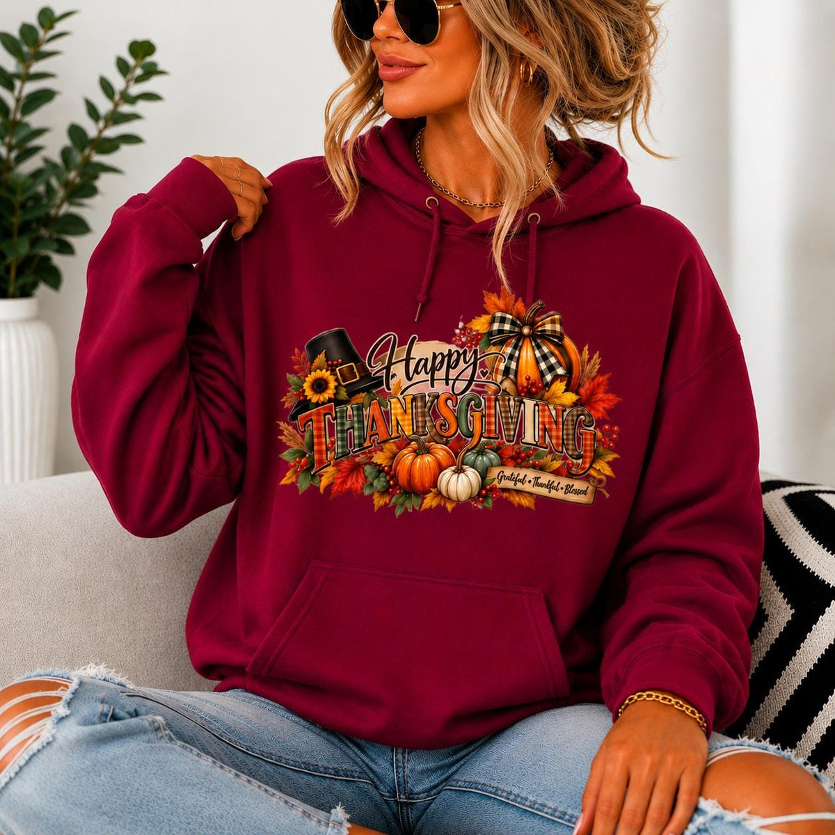 Happy Thanksgiving Hoodie, Autumn Foliage, Turkey, Pumpkins (Sweatshirt/Hoodie)