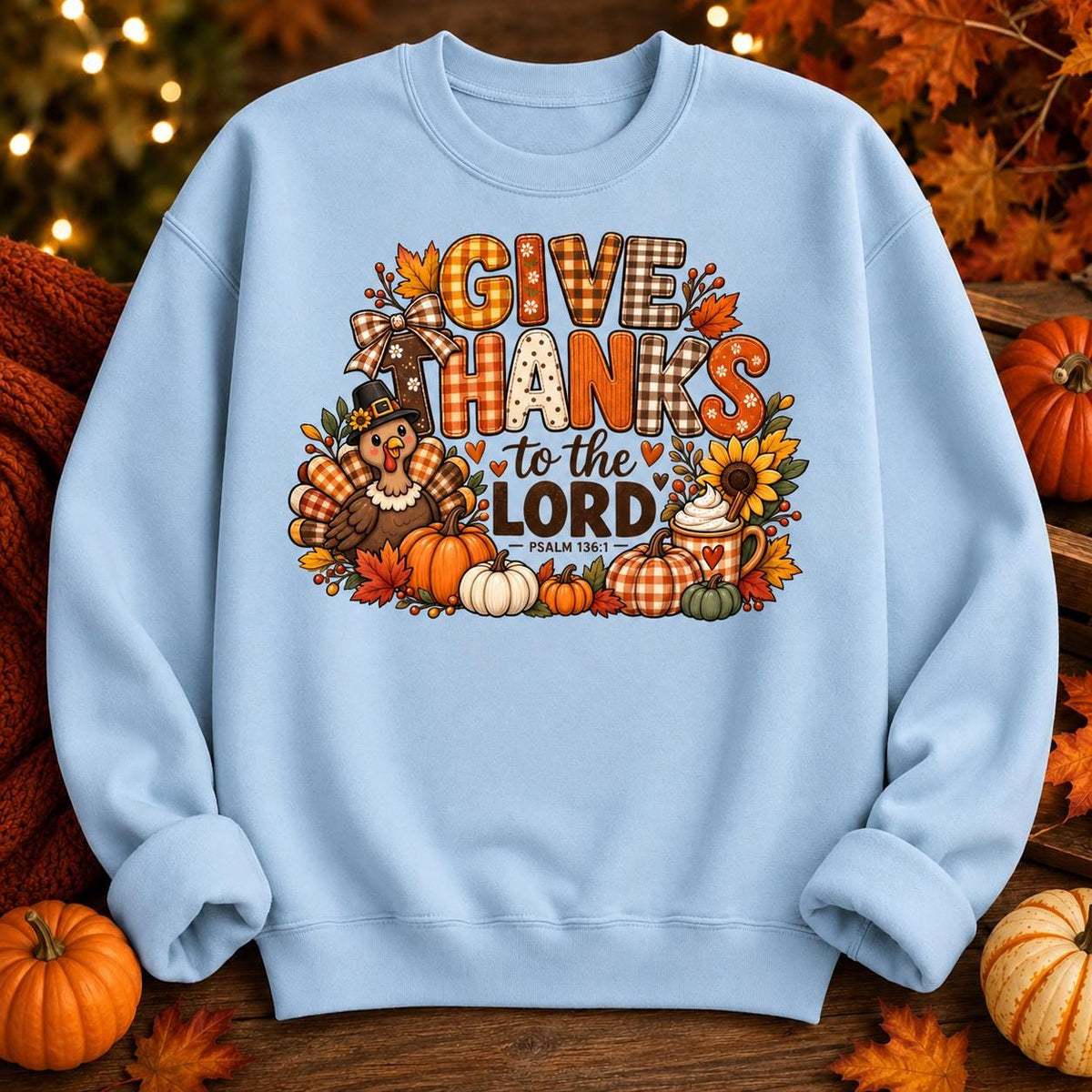 Christian Thanksgiving Sweatshirt, Turkey, Pumpkins, Fall Leaves Pullover
