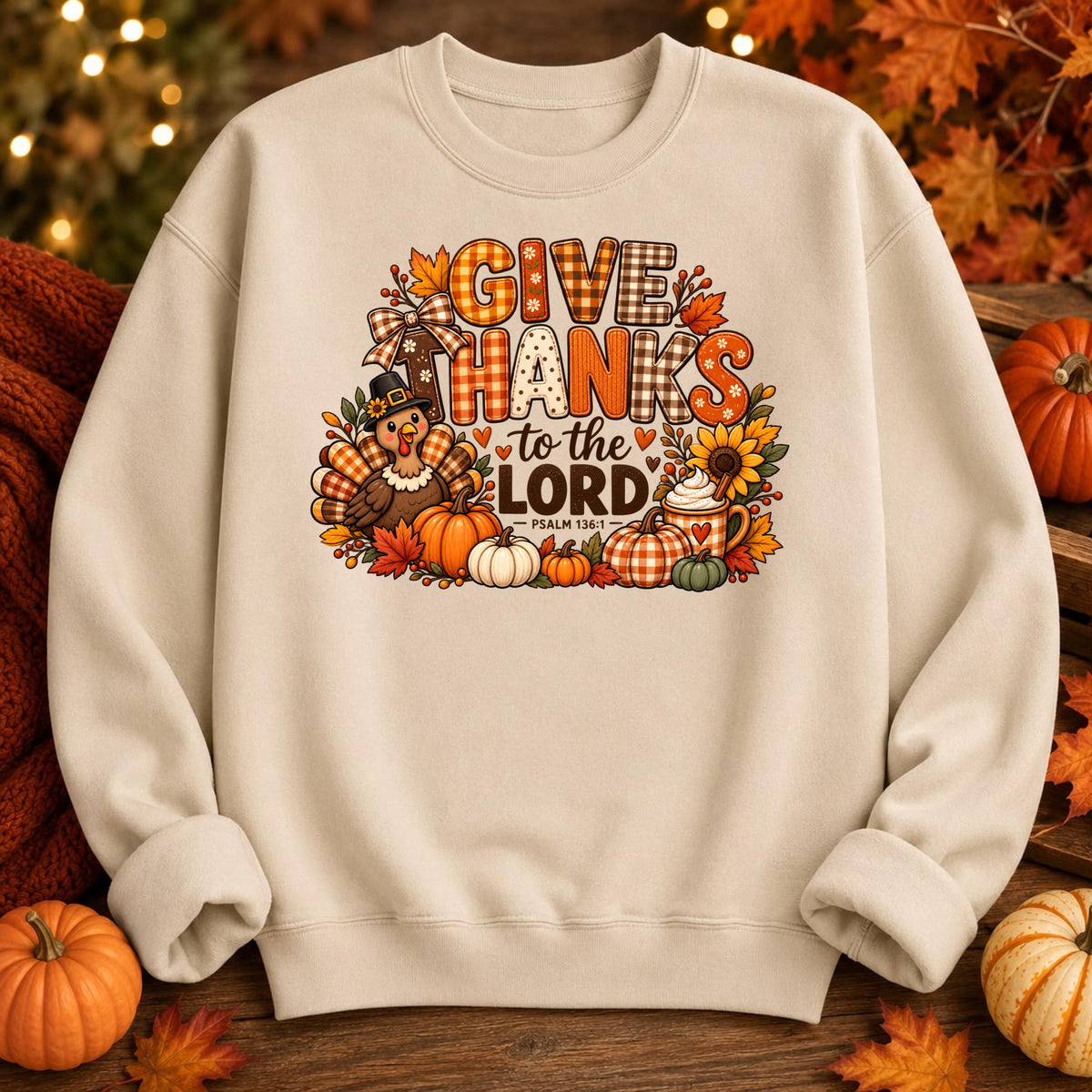 Christian Thanksgiving Sweatshirt, Turkey, Pumpkins, Fall Leaves Pullover