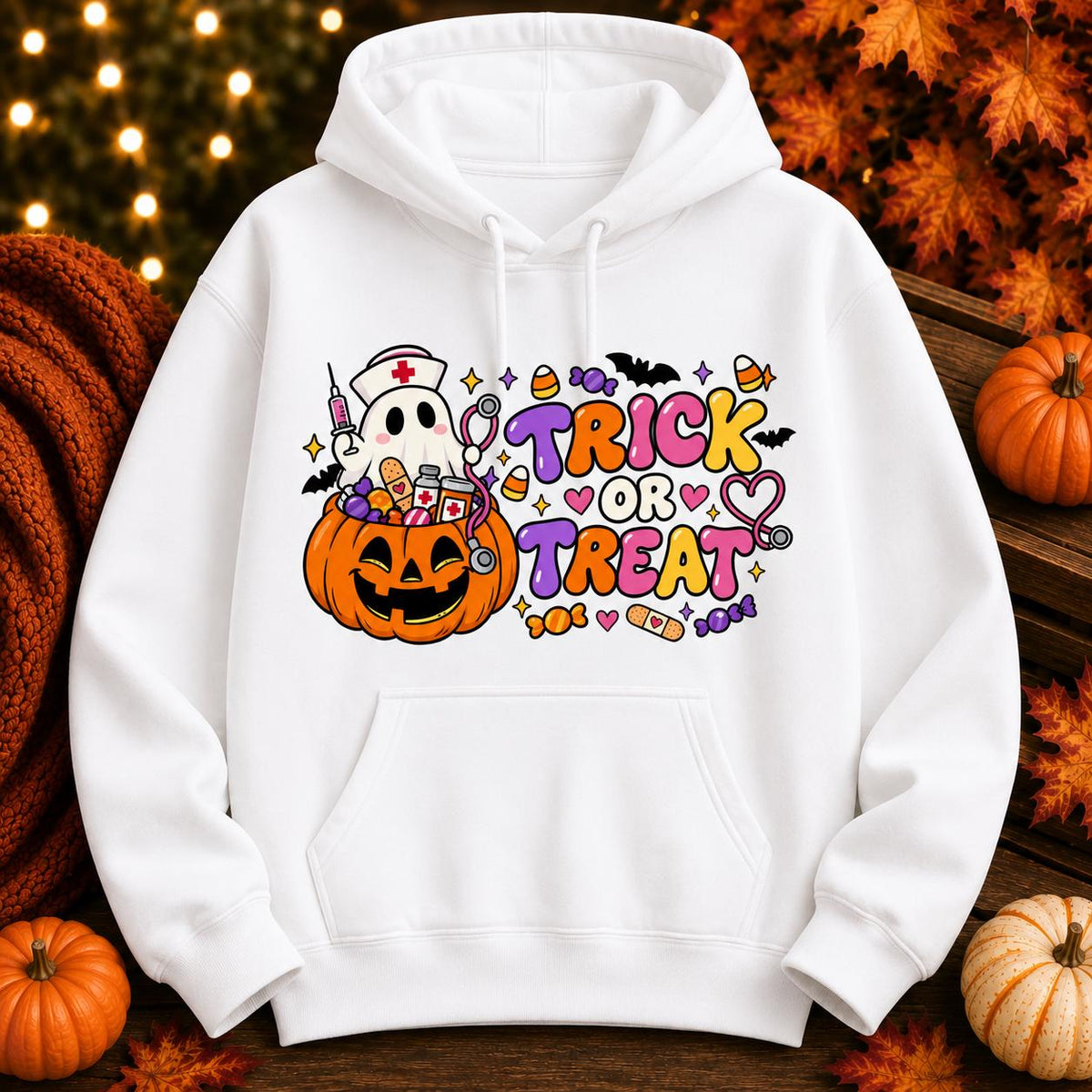 Spooky Nurse Halloween Sweatshirt, Ghost Pumpkin Trick or Treat Design