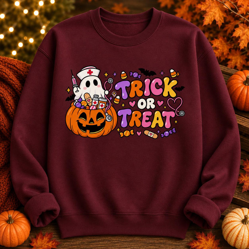 Spooky Nurse Halloween Sweatshirt, Ghost Pumpkin Trick or Treat Design