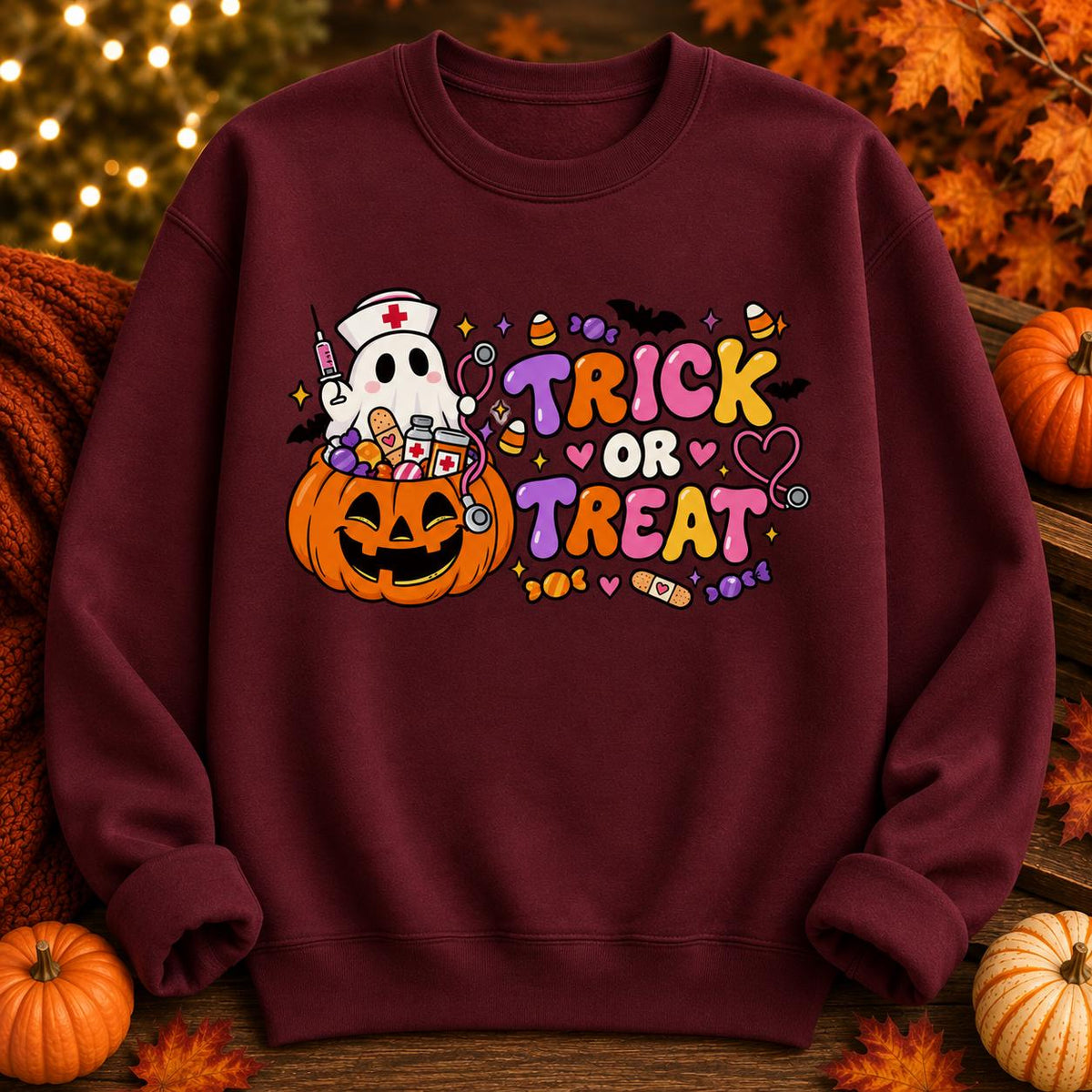 Spooky Nurse Halloween Sweatshirt, Ghost Pumpkin Trick or Treat Design