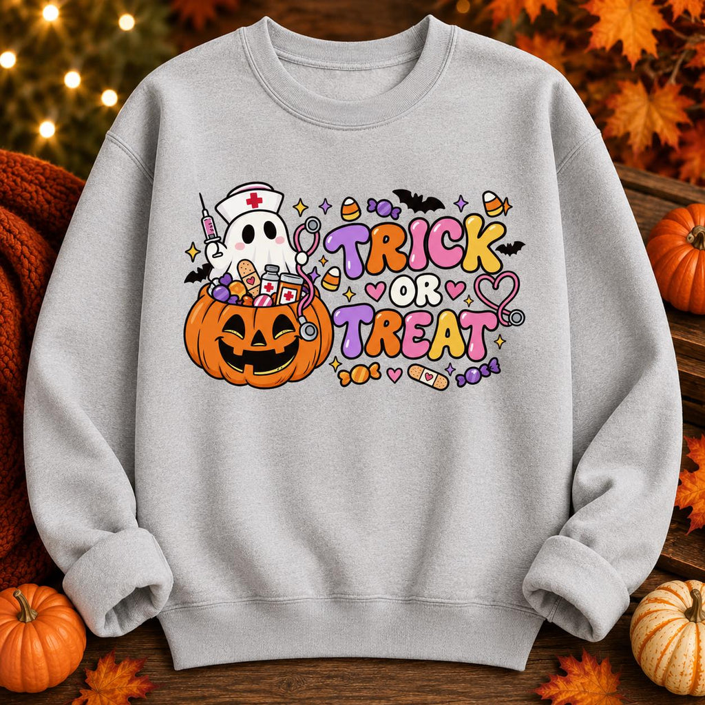 Spooky Nurse Halloween Sweatshirt, Ghost Pumpkin Trick or Treat Design