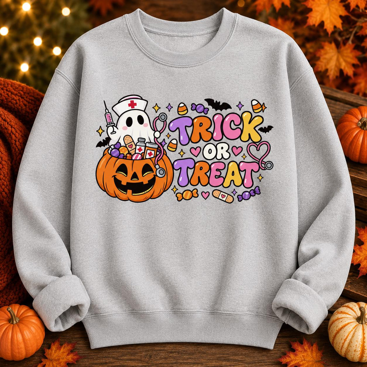 Spooky Nurse Halloween Sweatshirt, Ghost Pumpkin Trick or Treat Design