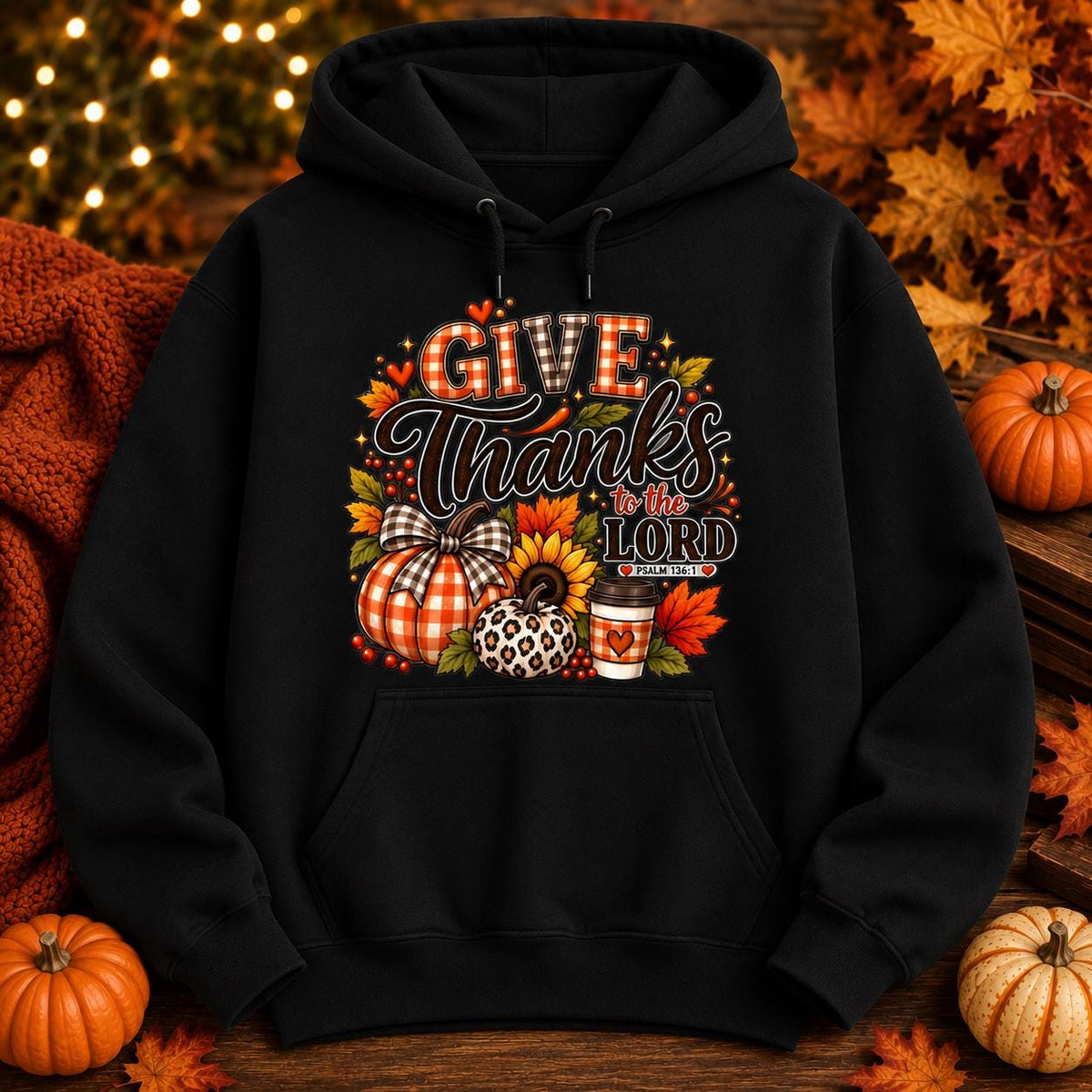 Christian Thanksgiving Pullover, Fall Faith Hoodie, Autumn Design (Pumpkins, Sunflowers)