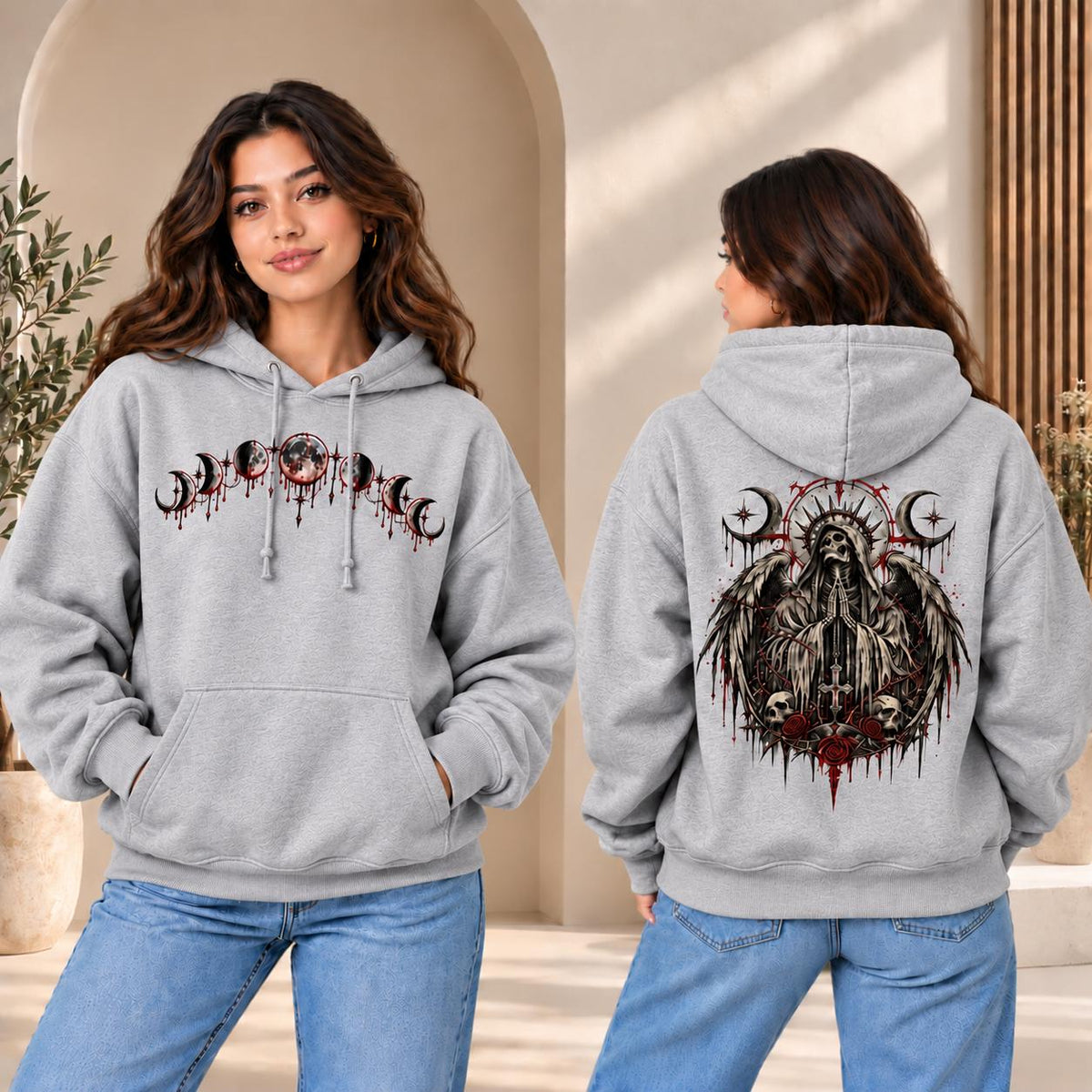 Gothic Reaper Hoodie, Grim Angel Sweatshirt, Moon Phase Tee, Dark Rose Skeleton, Alternative Streetwear