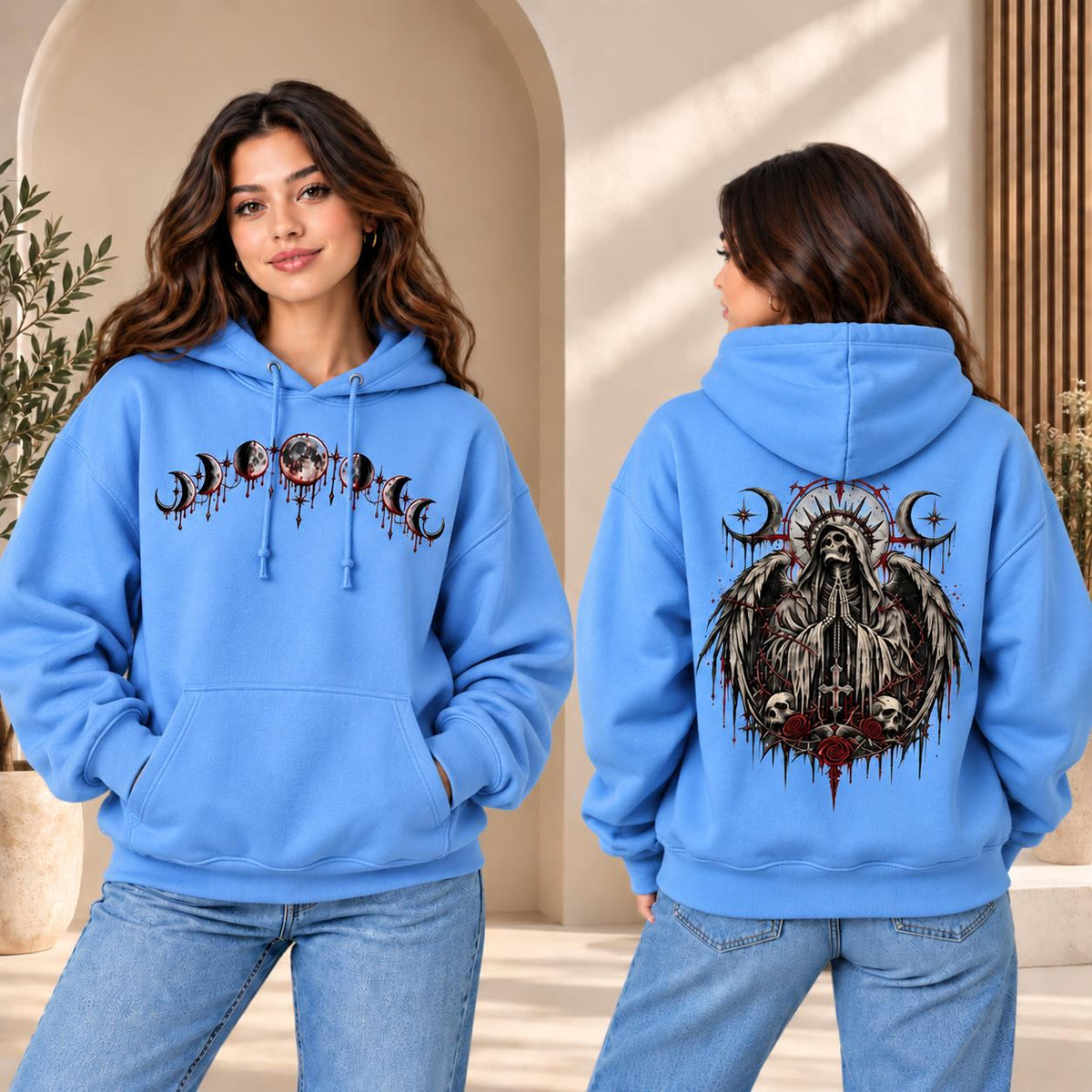 Gothic Reaper Hoodie, Grim Angel Sweatshirt, Moon Phase Tee, Dark Rose Skeleton, Alternative Streetwear