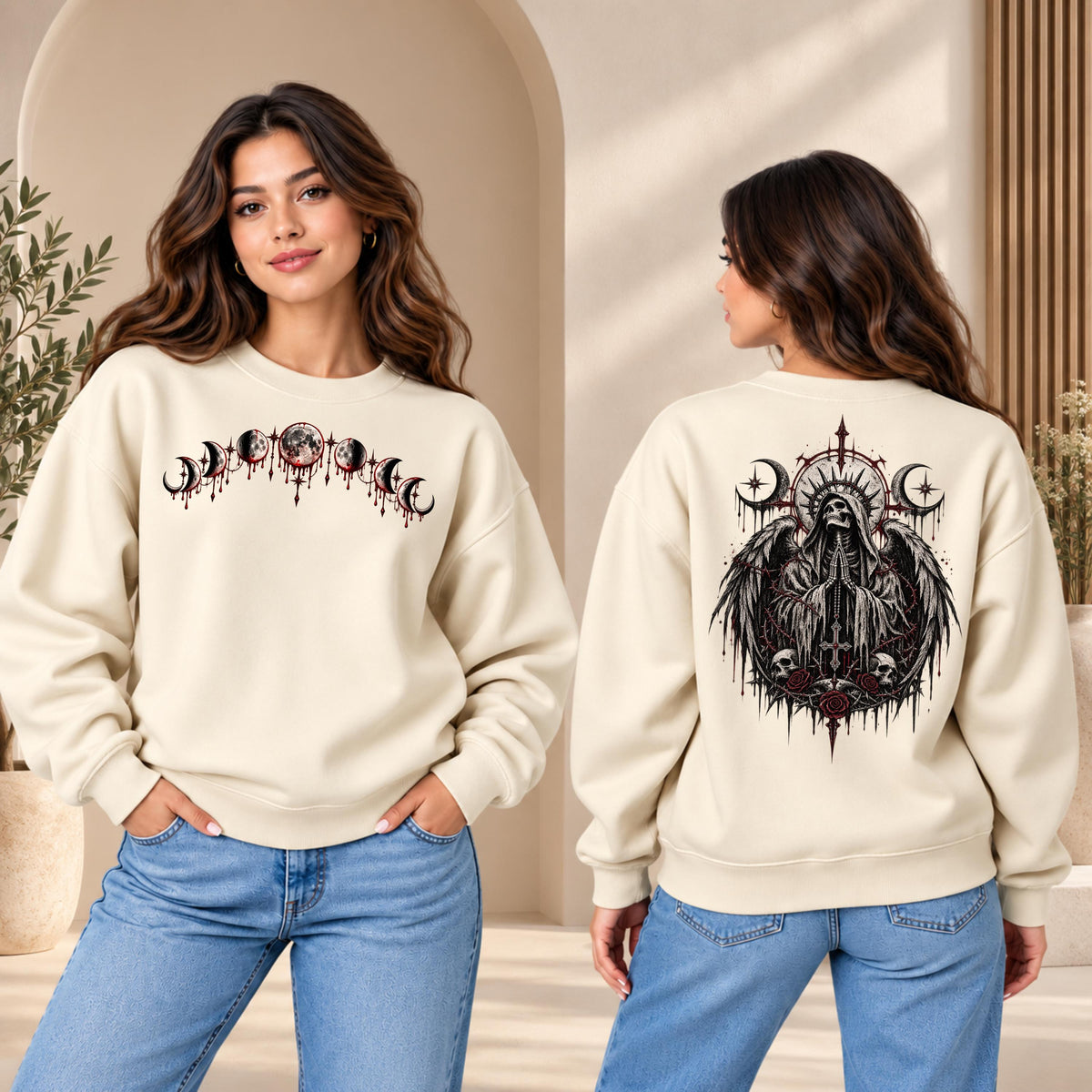 Gothic Reaper Hoodie, Grim Angel Sweatshirt, Moon Phase Tee, Dark Rose Skeleton, Alternative Streetwear