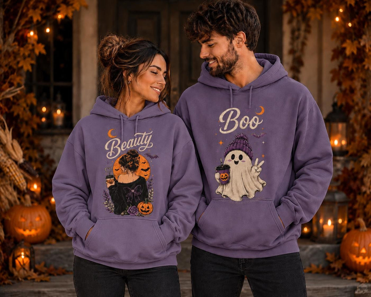 Matching Halloween Couple Sweatshirt, His Boo Her Beauty Hoodie, Spooky Ghost Tee, Cute Fall Couple Outfit, Dark Streetwear, Spooky Couple