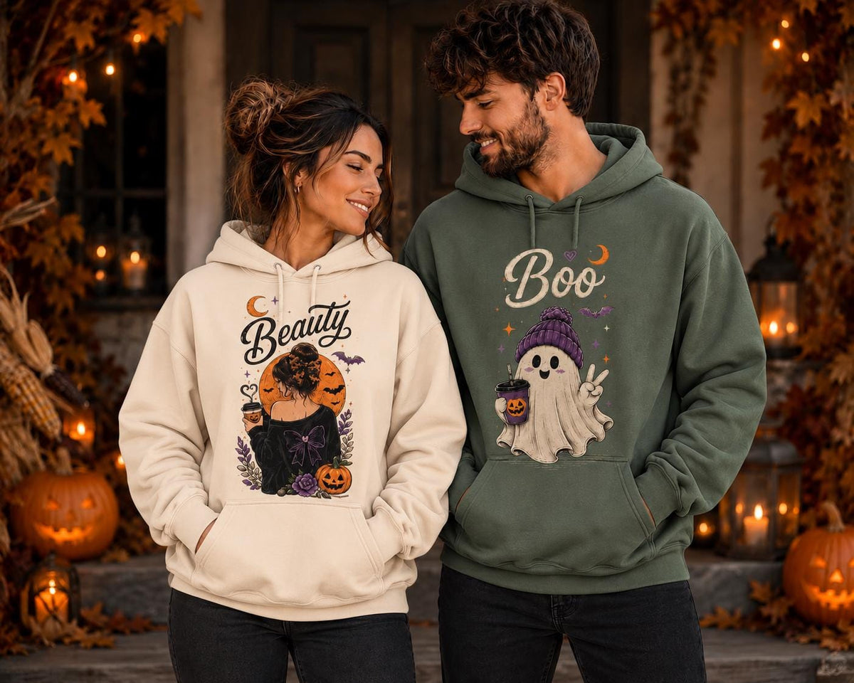 Matching Halloween Couple Sweatshirt, His Boo Her Beauty Hoodie, Spooky Ghost Tee, Cute Fall Couple Outfit, Dark Streetwear, Spooky Couple