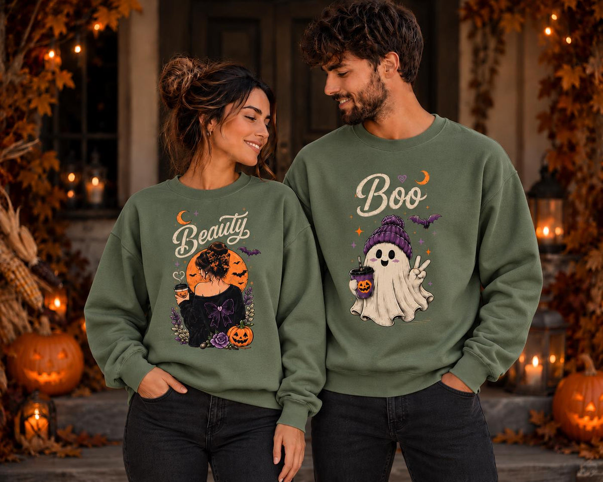Matching Halloween Couple Sweatshirt, His Boo Her Beauty Hoodie, Spooky Ghost Tee, Cute Fall Couple Outfit, Dark Streetwear, Spooky Couple