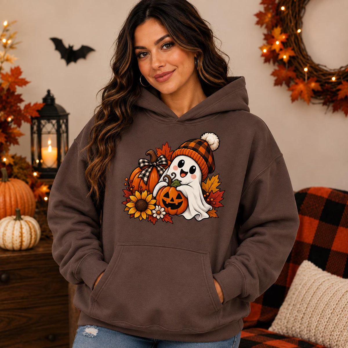 Ghost Pumpkin Halloween Hoodie, Spooky Season Pullover, Fall Design